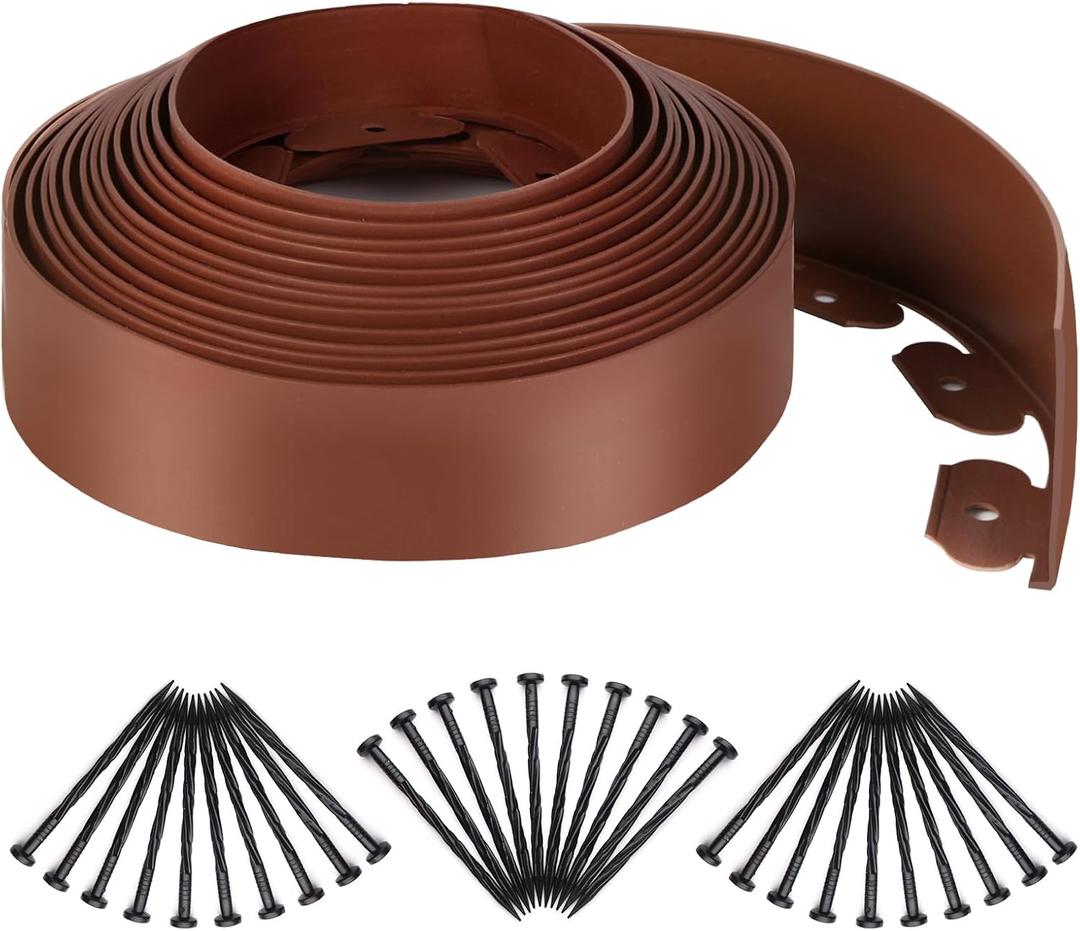 Landscape Edging Kit, 4 inch Tall 33FT Garden Landscape Edging Border with 30 Spikes, Plastic Lawn Edging for Garden, Flower Beds, Lawn (BROWN)