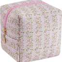 Cube Cosmetic Makeup Bag Small Cotton Quilted Makeup Pouch for Purse Cute Floral Travel Toiletry Zipper Pouch (Pink Floral)