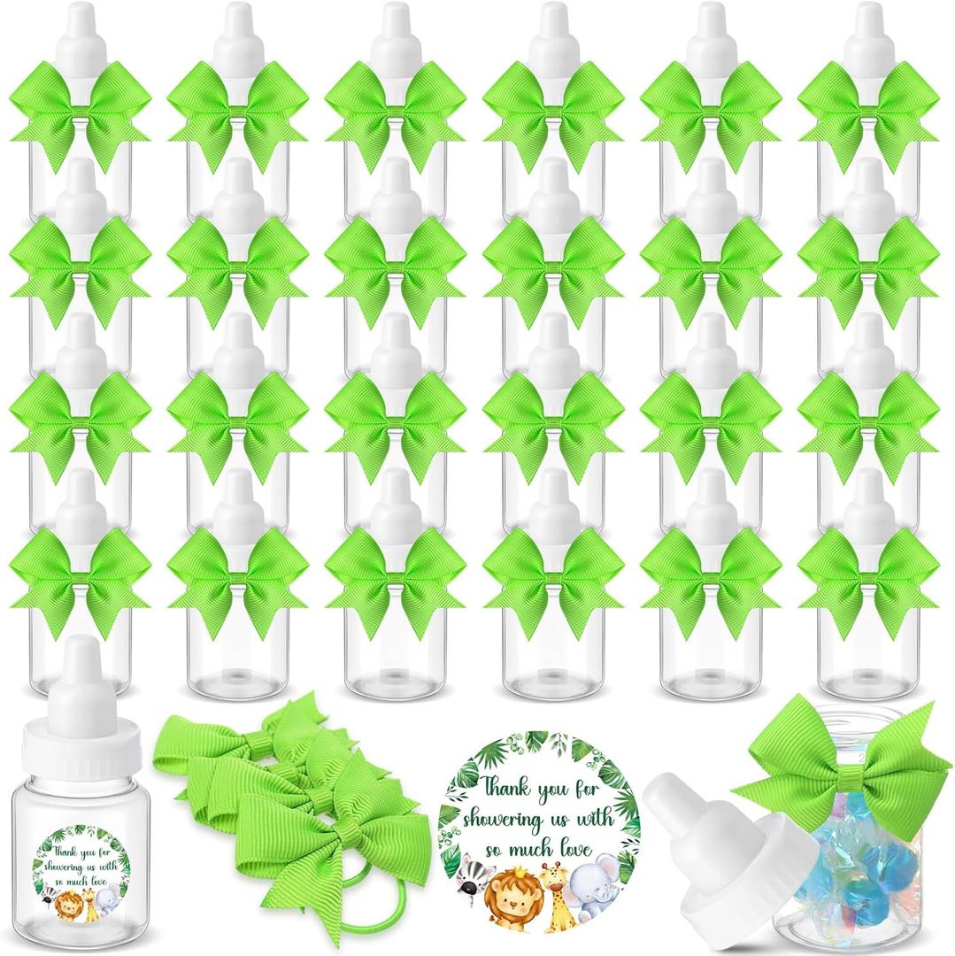 Beeveer 24 Sets 3.5 Inch Mini Baby Bottles for Baby Shower Party Favor Game Plastic Milk Bottles with Thank You Showering Stickers and Bows Thank You Gifts for Guests Candy Decor (Light Green,Animal) (1 Count (Pack of 24))