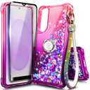 WDHD Compatible with Samsung Galaxy S25-Edge Case Pink/Purple | Glitter Floating Liquid Cute Phone Cover with Tempered Glass Screen Protector & Ring Holder Grip & Diamond Wrist Strap Lanyard