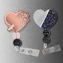 3 x Black Leopard & Rose Gold Heart Badge Reel Retractable ID Name Holder Clip, Beaded Glitter Badge Reels for Nursing Nurse Teacher Student