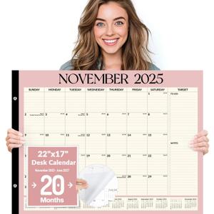Forvencer 22" x 17" Large Desk Calendar 2026, 20 Months Calendar Runs from November 2025 to June 2027, 2026 Desk Calendar Monthly Planner with Plastic Cover for Home School Office, Pink