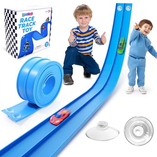 Flexible Race Track Toys for Kids: 15 Ft Flex Race Car Ramp Track with Suction Cups - Rolls Up Portable DIY Racetrack Compatible with Diecast 1/64th Cars Model - Birthday Gifts for Boys Girls Ages 3+