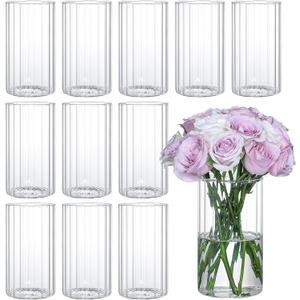 12 Pcs Glass Cylinder Vases for Centerpieces, 6 Inch Clear Ribbed Flower Vase for Wedding Decorations, Clear Floating Candle Vases in Bulk, Hurricane Candle Holders for Table Centerpieces