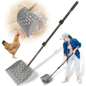 Telescopic Chicken Dog Poop Scooper & Rake 2-in-1 Chicken Litter Scoop for Chicken Coops & Small Farm Animals Sand Sifting Litter Shovel (Gray)