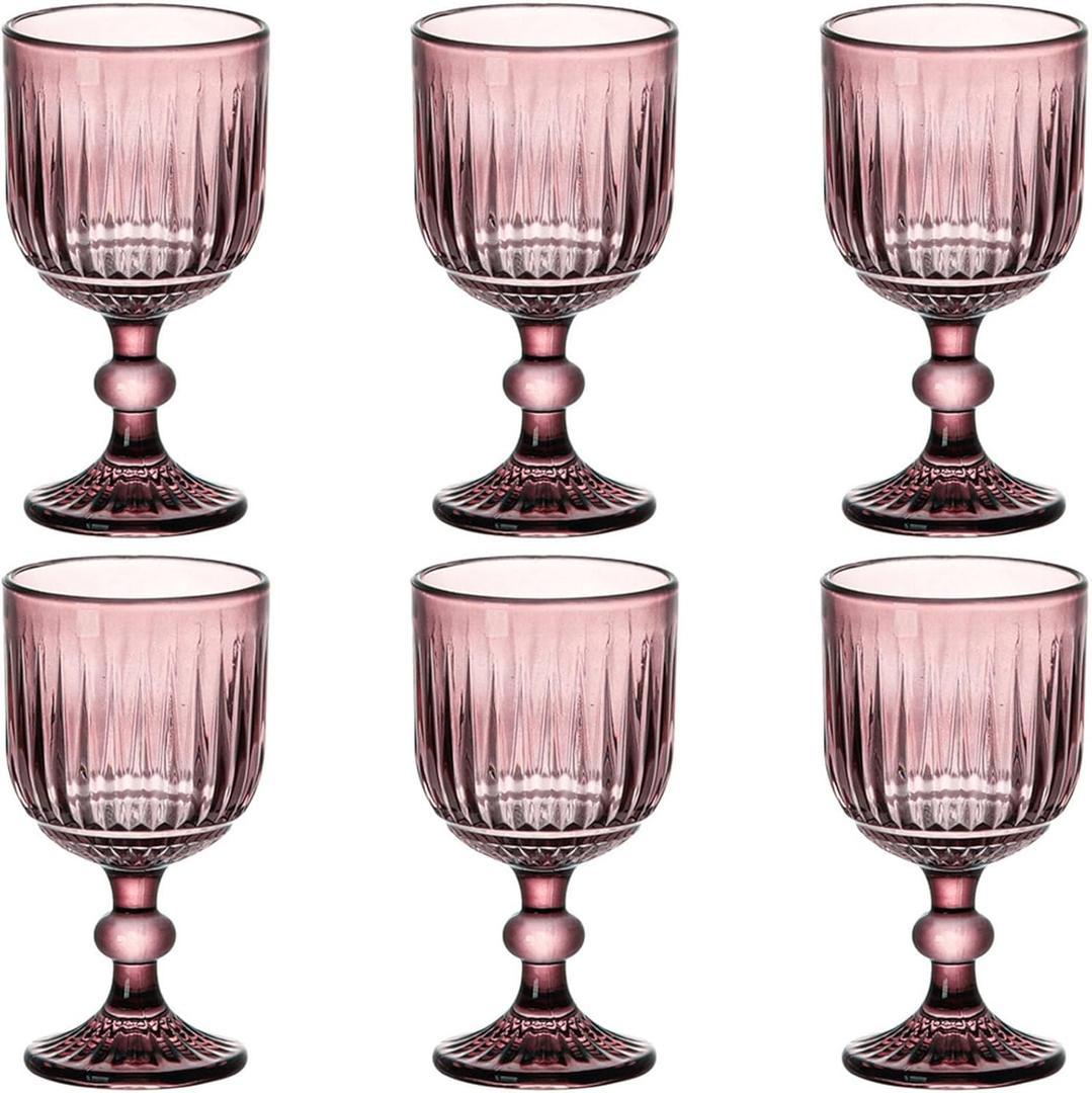 Taganov Purple Glasses Drinking set of 6 Colored Water Stemware Pink Goblets Glassware 11 oz for Wedding Party Bar Vertical Embossed Pattern Stemmed Cups 330 ml