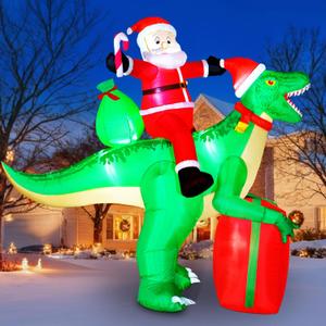 9x7.38ft Christmas Inflatables Santa Riding Dinosaur with Built-in LED,Dinosaur Inflatable Christmas Blow Up Yard Decorations with Water Bags Stakes Strings Gift Bag for Garden Yard Party Lawn