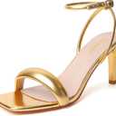 RIBONGZ Light Gold Strappy Kitten Heels For Womens Square Open Toe Sexy Sandals Comfortable Dressy Stiletto High Heels Wedding Party Evening Prom Dress Shoes 9