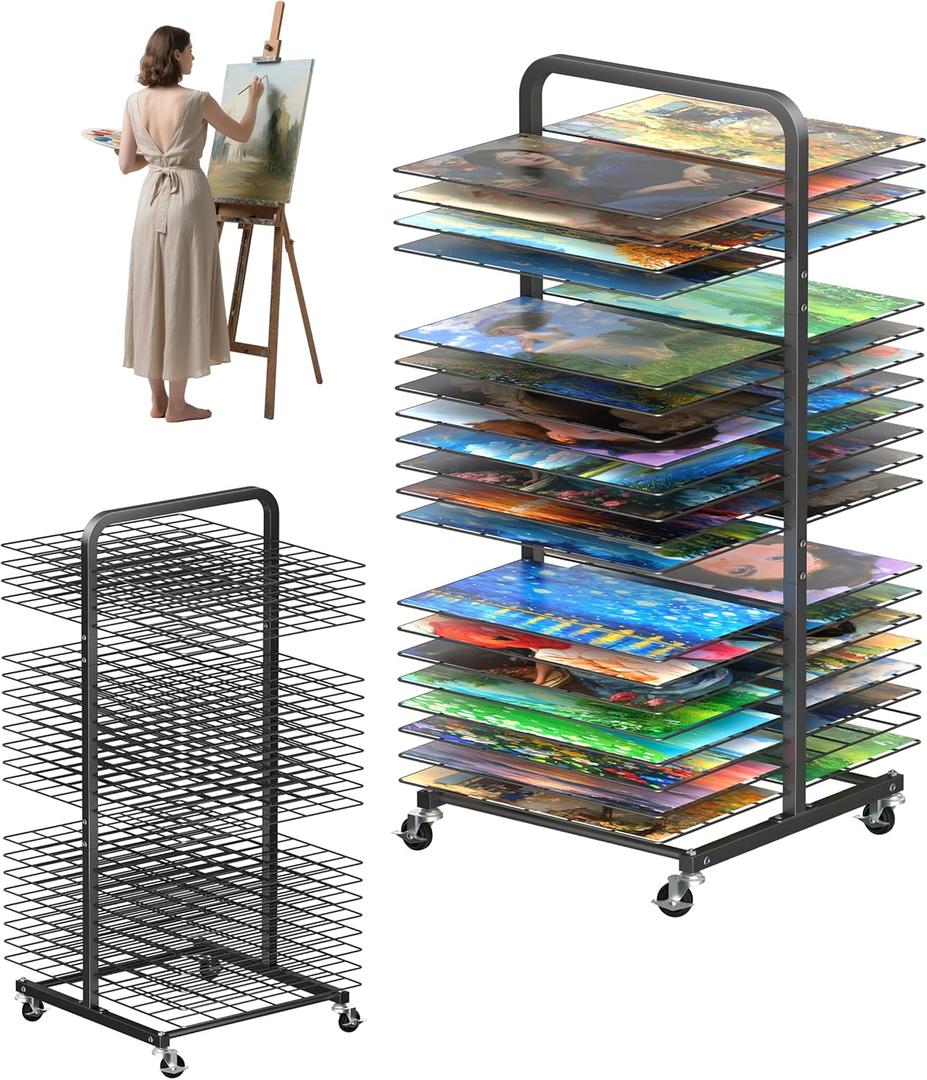 Art Drying Rack with 40 Removable Shelves, Mobile Metal Paint Drying Stand with Lockable Wheels, Functional Canvas Rack Art Storage for Artwork in Classrooms, Art Studios and Schools, Black