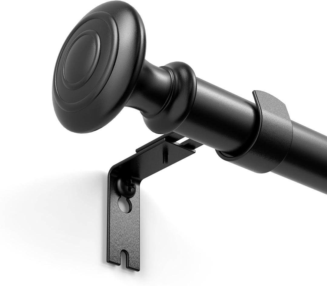 Curtain Rods for Windows 48 to 84 Inches, 1 Inch Diameter Black Curtain Rod with Decorative Finials, Adjustable Length Window Curtain Rod Heavy Duty Drapery Rod, Black