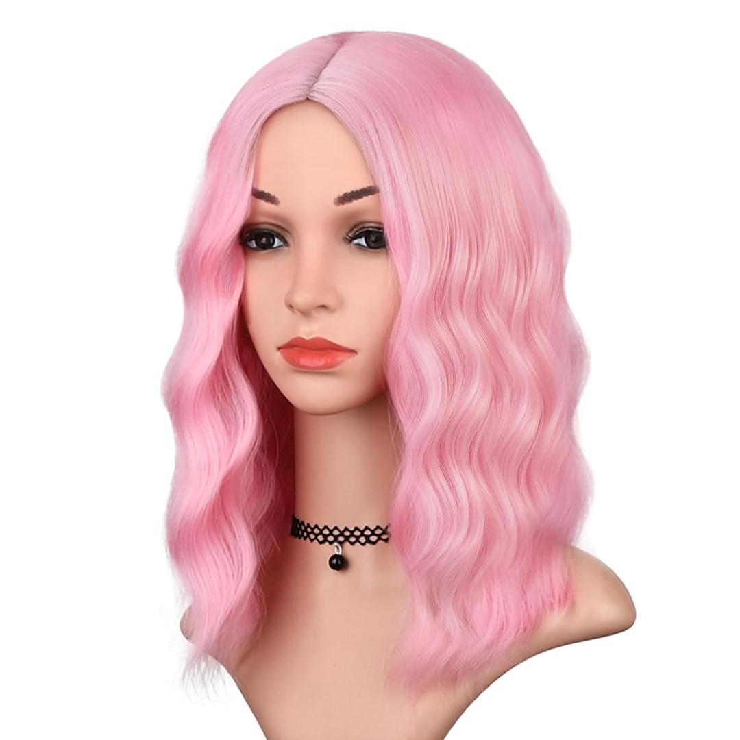Pink Wig for Women Wavy Curly Light Pink Bob Wigs Middle Part 14 Inch Shoulder Length Heat Resistant Synthetic Colorful Wig