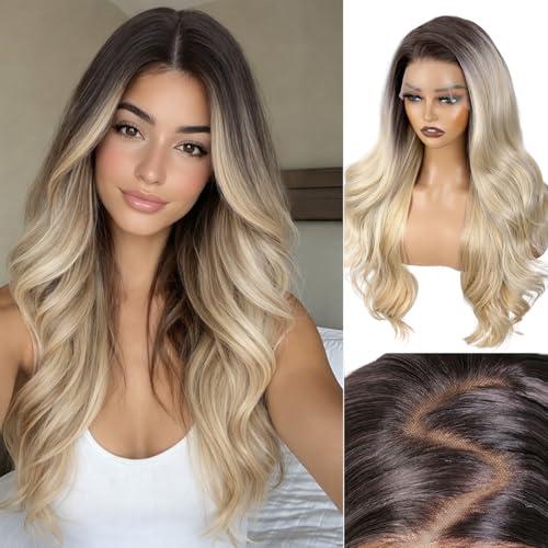 WIGER 13x6 Lace Front Wig Layered Wave Futura Fiber Wigs Curly Synthetic Pre Plucked Wavy Wig for Women Daily Party Use(Ombre 613 Blonde)