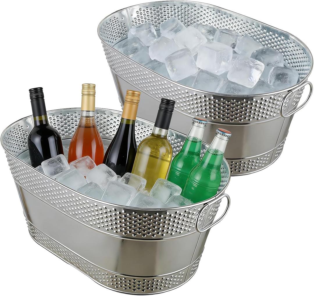 2 Pack Galvanized Ice Bucket, 4 Gallon Large Galvanized Beverage Tub Ice Bucket for Parties, Thick Metal Beverage Buckets with Handles, Oval Drink Buckets for Parties (Oval Sliver-2PCS)