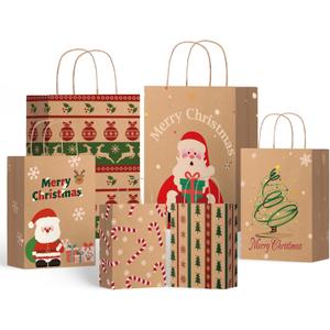 SUNEE Christmas Gift Bags with Tissue paper, 24pcs Assorted Sizes Xmas Bags Bulk with Handles, Assorted with Xmas Stockings, Santa Claus Designs for Christmas Gifts, 8 Large 13", 8 Medium 11", 8 Small 9" (Brown)