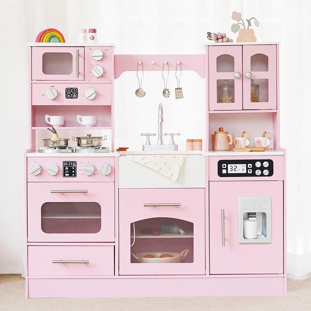 Wooden Play Kitchen for Toddlers and Kids with Lights & Sounds, Large Interactive Pretend Play Set with Ice Maker, Stove, Sink, Oven, 12 Accessories - Ages 3-8, 38 inches x 8 inches x 15 inches