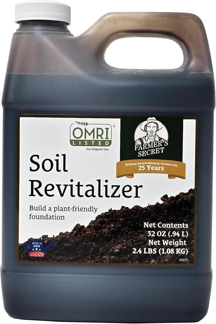 Farmers Secret Soil Revitalizer (32oz) - Organic (OMRI Listed) Dirt Health Booster - Liquid Compost Soil Amendment - Activated Humic Acid - Great for Fall Application