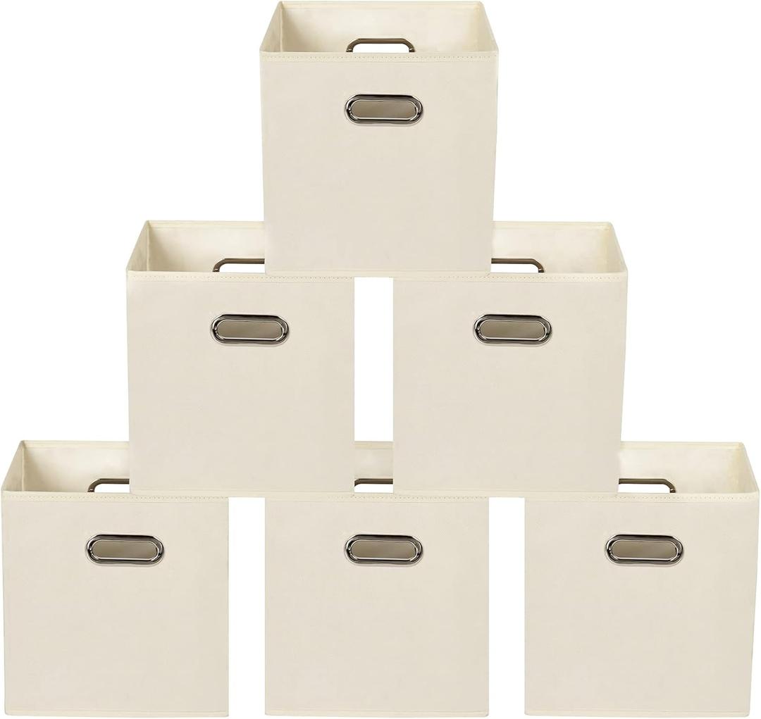 Yunkeeeper storage bins Cubes, Fabric Cube Organizer with Handle, Foldable Cube Bins for Cloth or Accessary Storage, 11x11x11, Set of 6, (Creamy White)