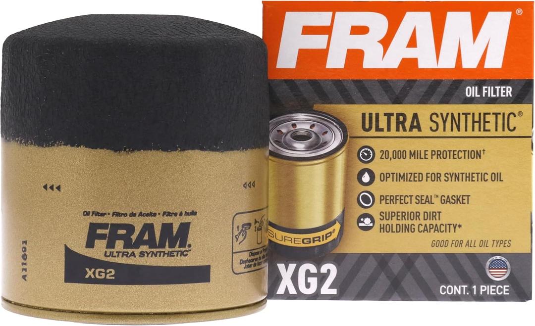 FRAM Ultra Synthetic XG2 20K Mile Change Automotive Replacement Engine Oil Filter for Synthetic Oil Changes, Premium Vehicle Engine Protection Oil Filter for Select Vehicle Model Years (One Size - 1 Count)