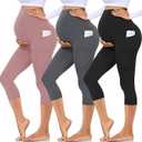 Hi Clasmix 3 Pack Maternity Capri Leggings with Pockets-Buttery Soft Workout Pregnancy Yoga Pants (Small, Black,grey,pink)