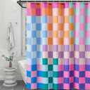 RoomTalks Multicolored Checkered Retro Fabric Shower Curtain for Bathroom Extra Long 72 Inches Length, Bright Rainbow Colorful Modern Simple Groovy Aesthetic Shower Curtain Set with Hooks