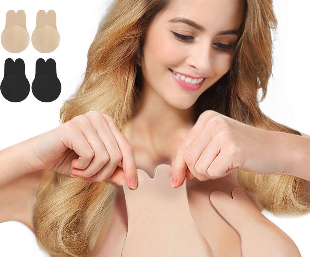 Zacca Adhesive Bra, 2 Pairs Breast Lift Tape Lift Up Invisible Bra Nippleless Covers Sticky Bras Silicone Breast Lift Pasties (Beige/Black)