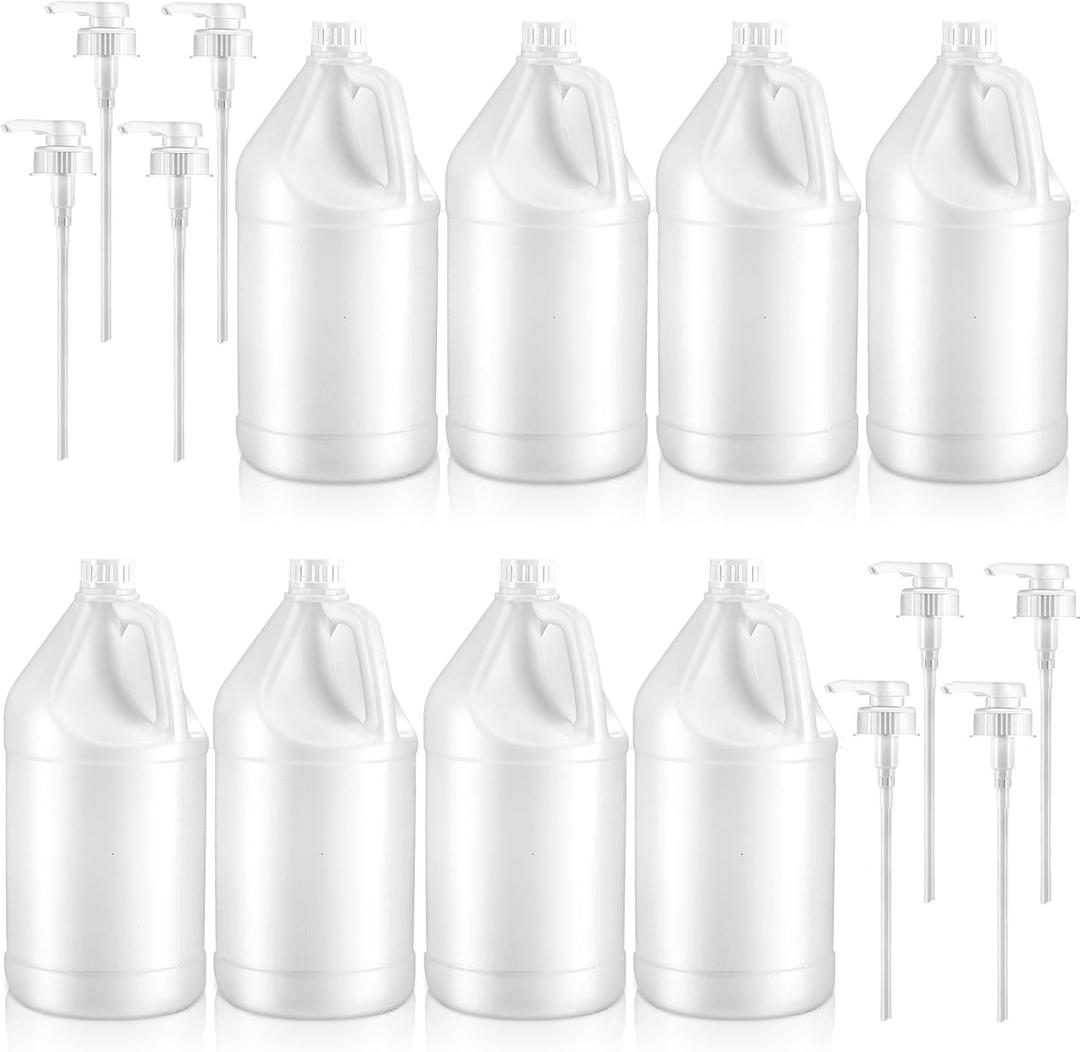 Hoolerry 8 Packs 1 Gallon Plastic Jug with Lids BPA Free Reusable Round Clear Plastic Jug with Cap Heavy Duty HDPE Containers with Pump Dispenser for Sauces Soaps Detergents Liquids(Transparent)