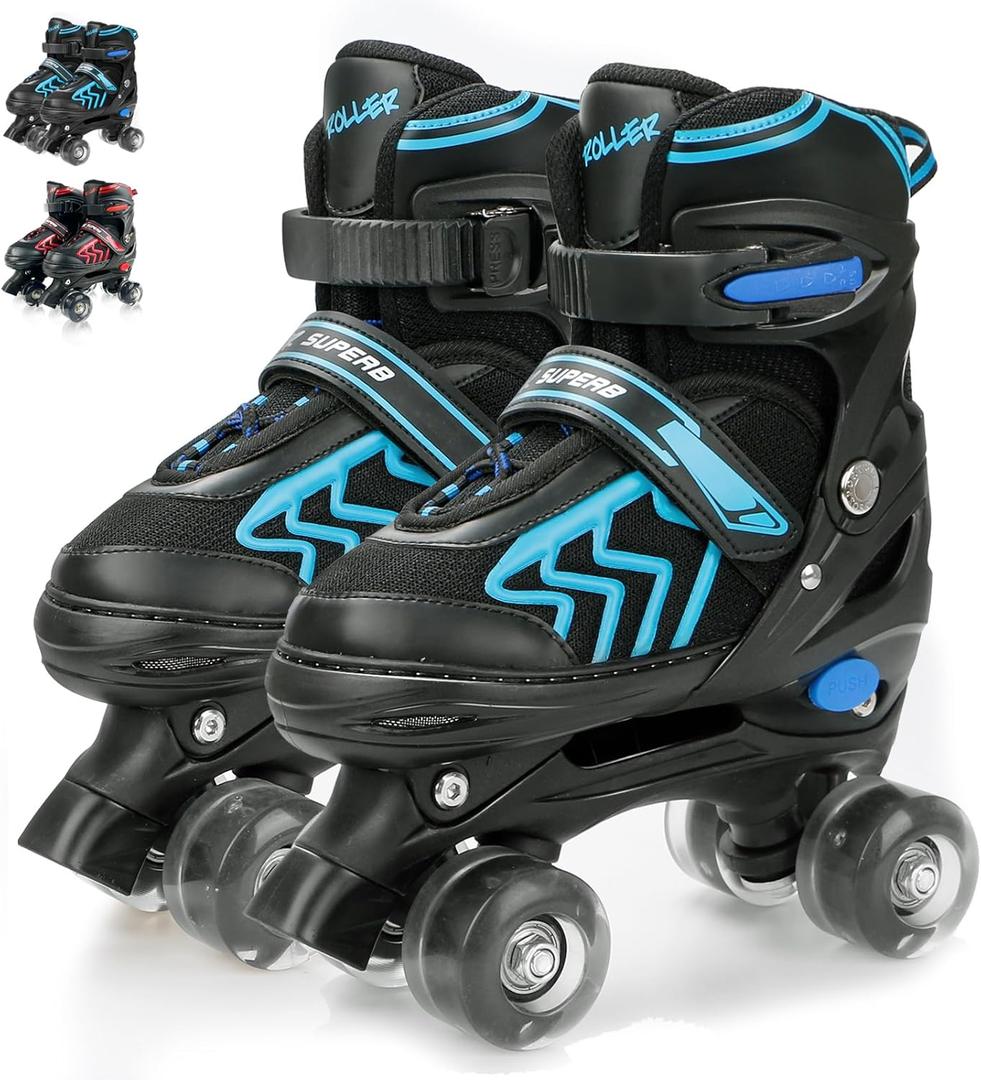 HXWY Kids Roller Skates for Boys Girls Child, Adjustable 4 Sizes Quad Roller Skates for Kids and Youth with Light Up Wheels for Sports, Black & Blue (Youth 4-7)