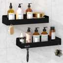 Shower Caddy Adhesive, 2 Pack Large Capacity Rustproof Shower Shelves, No Drill Bathroom Shelf with 8 Hooks, Stainless Steel Shower Organizer Rack, Black