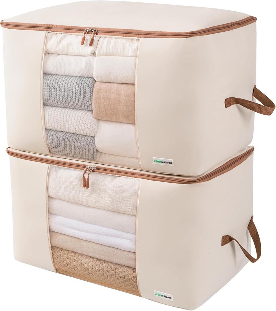 Chaos Cleared Canvas Storage Bags Designer Organizer for Comforters 2 Pack Seasonal Storage for Pillows, Blankets, Linens & Garments Foldable Design with Zip & Window, Moth-Proof Space Saver