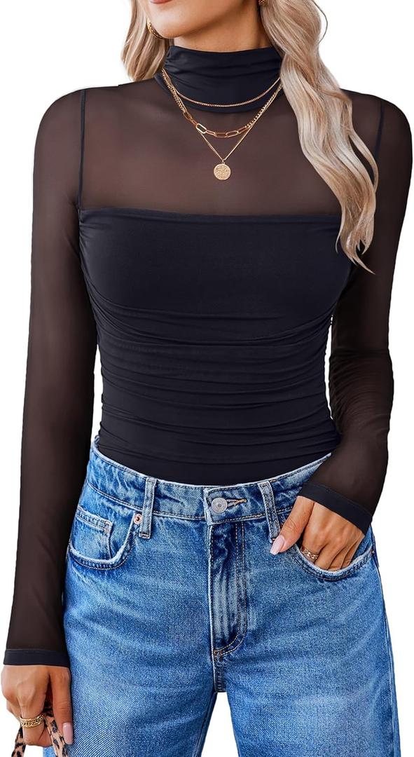 Avidlove Women Long Sleeve Bodysuit Turtle Neck Shapewear Body Suits Mesh One Piece Leotard Shirt Going Out Tops Fall Outfits (Large, Black)
