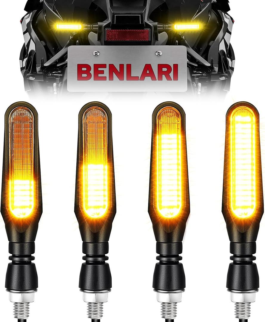 Benlari 4PCS Flowing LED Motorcycle Turn Signals 12V Super Bright Universal Sequential Front Rear Turn Signal Lights Waterproof IP67 Compatible with Harley Honda Yamaha Triumph (2 PACK)