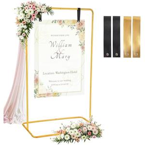 Wedding Welcome Sign Holder Personalized, Gold Welcome to Our Wedding Hanging Sign Holder with Leather Sign Straps, Easel Stand for Sign, Adjustable Wedding Seating Chart Stand