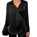 GRACE KARIN Satin Silk Blouse Casual Long Sleeve Slim Tie Waist Shirts Work Tunic Tops XL Black