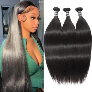 ASHINE Human Hair Bundles Body Wave Straight, Unprocessed Cambodian Raw Hair Bundles for Women Natural Black 14 16 18 Inch, Keep Soft and Silky After Multiple Washes