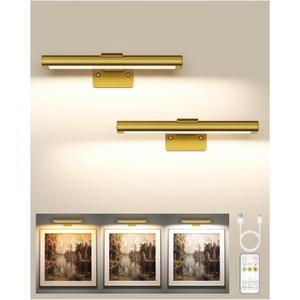 EZVALO Picture Light for Wall, Rechargeable 2400mAh Battery Lights Wireless with IR Remote, 3 Color & Dimmable Magnetic 7.87'' LED Lights Display for Painting, Living Room, Gallery, Bedroom(Gold-2P)