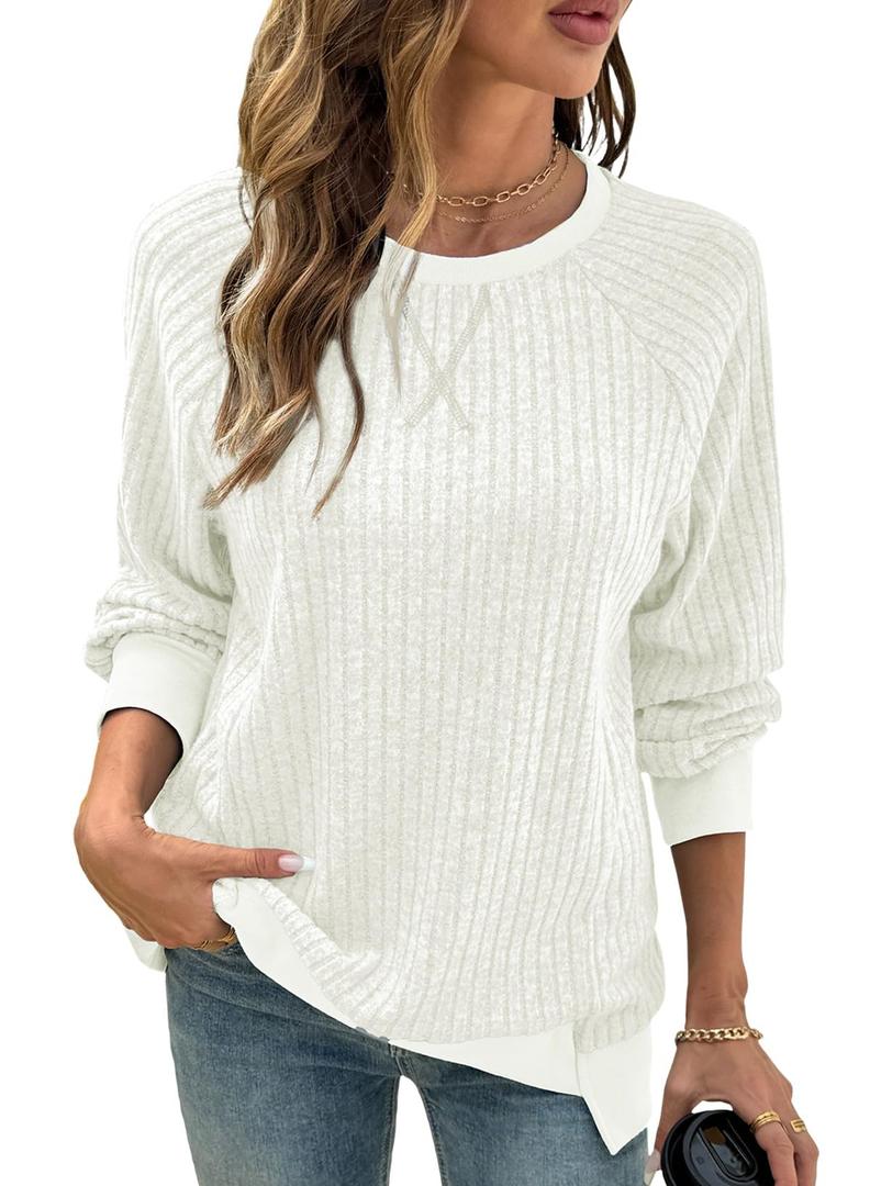 8 x SHEWIN Women Fall Sweatshirt Lightweight Long Sleeve Pullover Tops Casual Oversized Shirts Color Black Patchwork Shirts Size 2XL White (White, XXL)