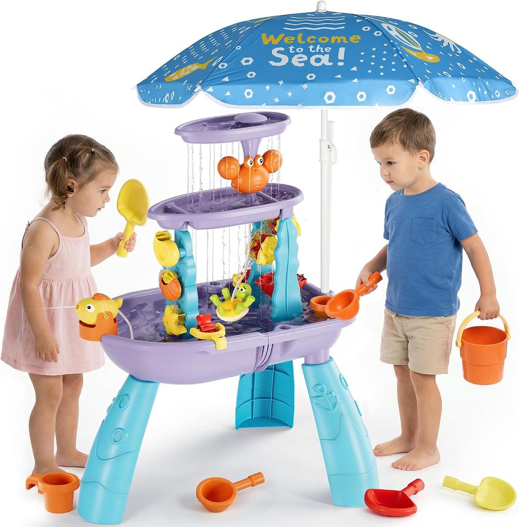 3-Tier Outdoor Water Sand Play Table Beach Toys, Summer Splash Activity Sensory Table Party Birthday Gift for Kids 3 4 5 6 7(Purple)