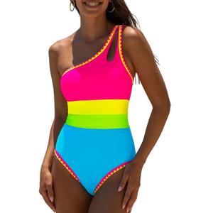 Popvil One Piece Swimsuit 2025 Tummy Control Women Bathing Suit Shapewear Swimsuits Slimming Neon Cute Tie Back Swimwear, Size L-XL