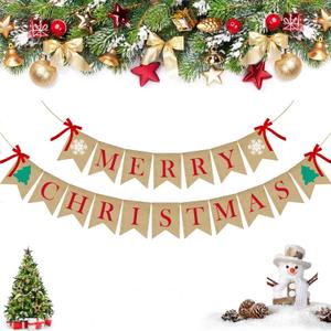 PACETAP Merry Christmas Burlap Banner with 4 Red Bows, Home Indoor Christmas Decorations for Fireplace, Chimney, Wall, Tree