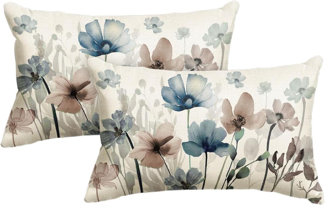 AVOIN colorlife Poppy Flowers Chinoiserie Throw Pillow Covers, 12 x 20 Inch Blue Brown Seasonal Leaves Cushion Case Decoration for Sofa Couch Set of 2