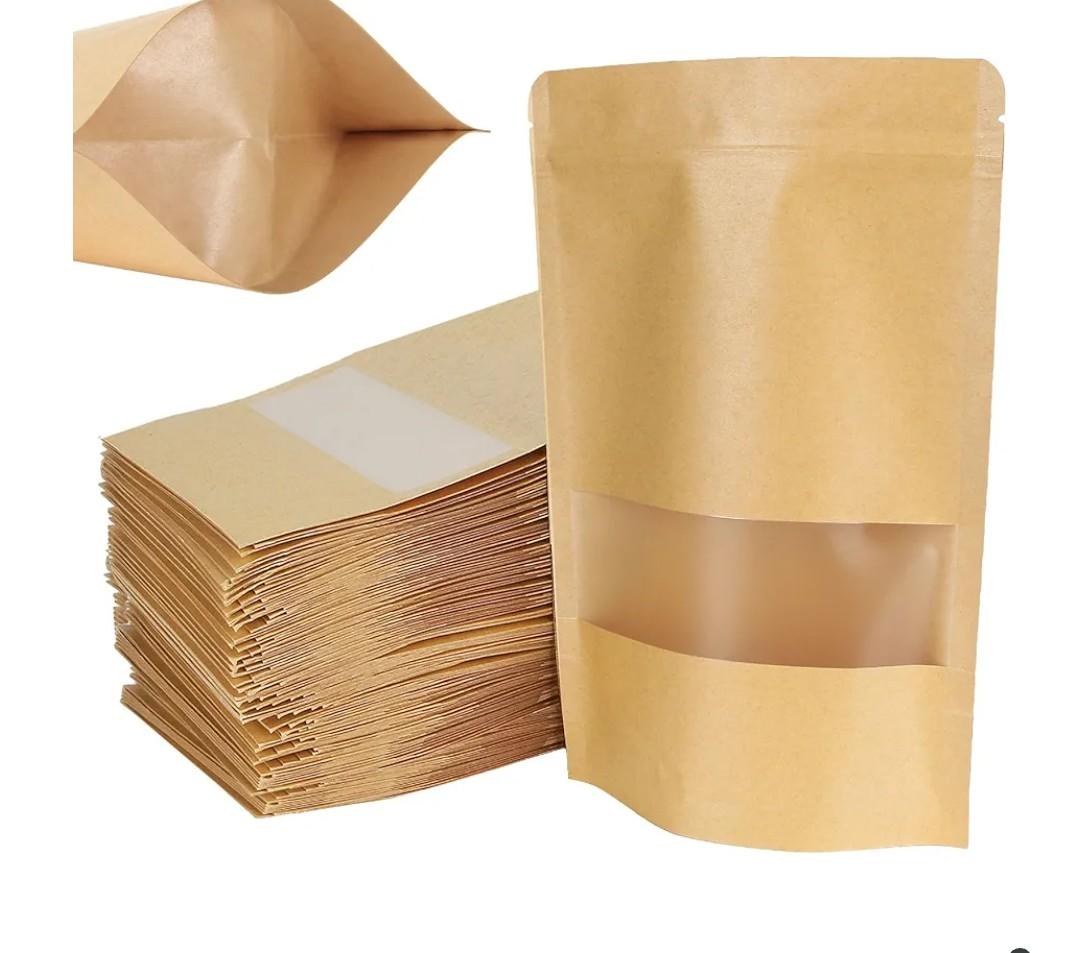 300 pcs Kraft Ziplock Bag 5.9 x 8.7 Inch Reusable Kraft Pouch with Tear Notch and Matte Window for Food Storage, Stand Up Heat sealable Zipper Bags for Home or Business