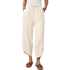 Linen Barrel Pants for Women Wide Leg Harem Palazzo Baggy Trousers (L)