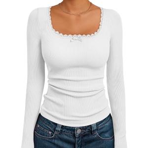 Trendy Queen Womens Long Sleeve Shirts Crop Square Neck Ribbed Tops Basic Slim Fit Y2K Fall Winter Clothes Outfits 2026 (White, L)