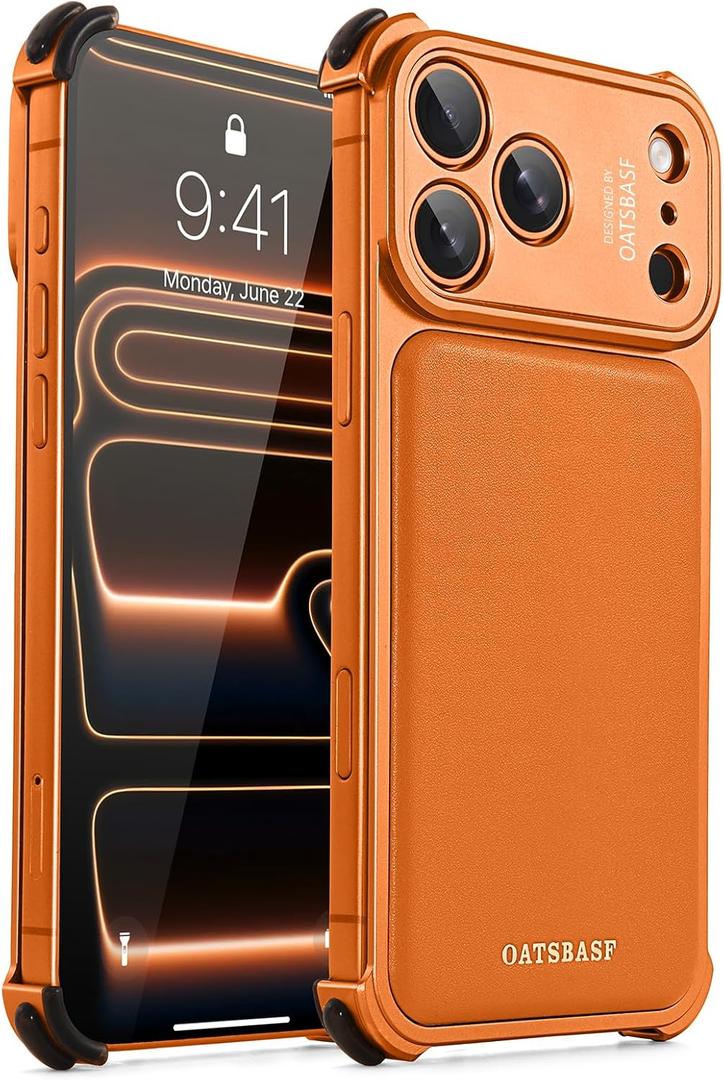OATSBASF for iPhone 17 Pro Max Case, Full Camera Protection, Compatible with MagSafe Charger, Metal Frame Genuine Leather Back Panel Phone Case, Orange