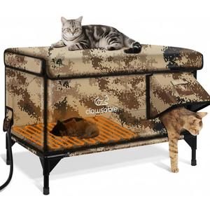 Indestructible X-Large Heated Cat House for Outside Winter, 100% Waterproof, Safe Escape Door, Insulated Outdoor Cat Shelter with Heater for Feral Barn Cat Kitty (Desert Camouflage, 30"x17"x20")