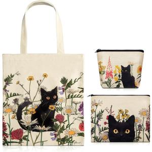 Shinylin 3 Pcs Black Cat Canvas Tote Bag Makeup Coin Purse Set with Zipper Reusable Grocery Shopping Flowers Cute Cosmetic Bag Aesthetic Portable Pouch Birthday Gift for Mom Women Cat Lovers Teacher