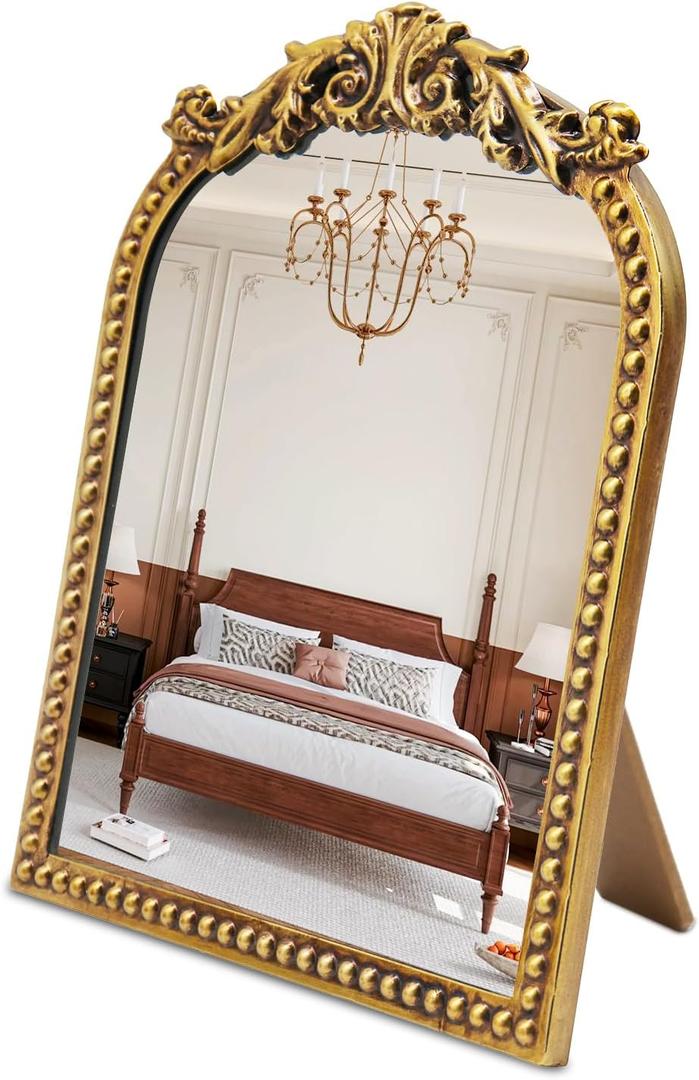 Vintage Makeup Mirror with Stand : 12.1"x9.8" Arched Antique Gold Vanity Mirror for Dresser - Baroque Standing Tabletop Ornate Decor for Desk/Living Room/Bedroom