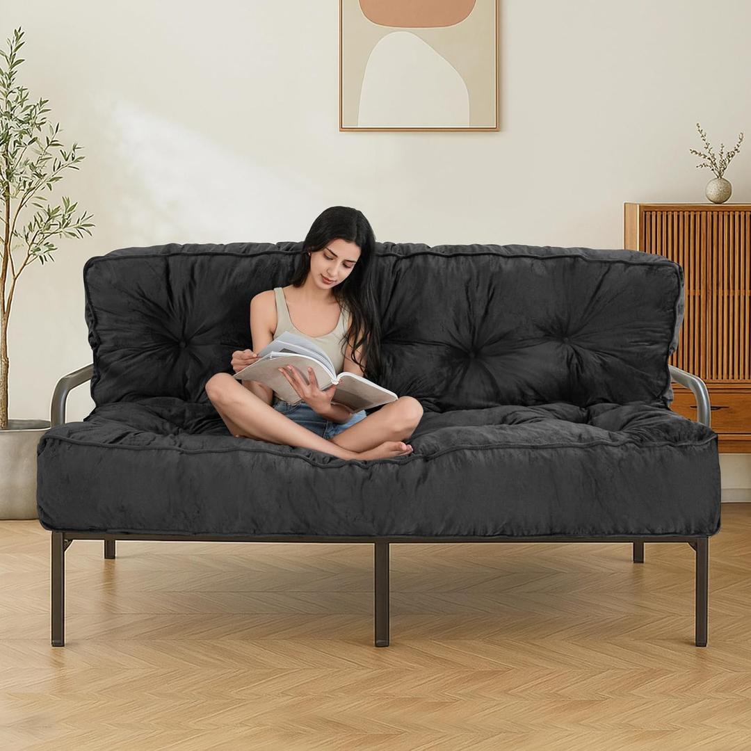 MAXYOYO 8" Futon Mattress, Full Size Extra Thick Futons Sofa Couch Bed for Adults, Velvet Floor Mattress Shredded Foam Filling (Frame Not Included) (Black)