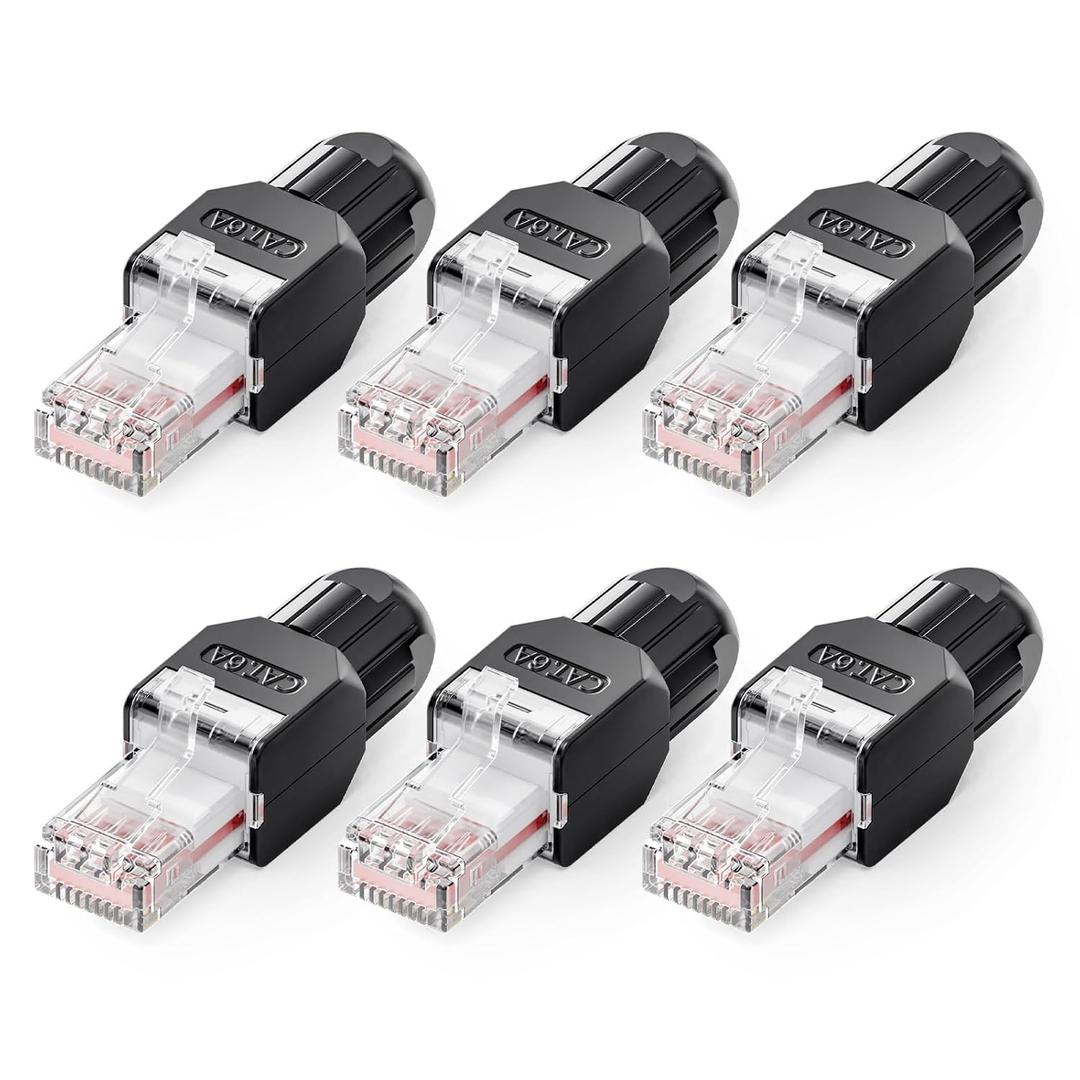 VCELINK CAT6A Tool-Free RJ45 Connector, No-Crimp Compact UTP Reusable Plug for Field Termination for 23-26 AWG Ethernet Cables, 10 Gbps, 6 Pack, Black