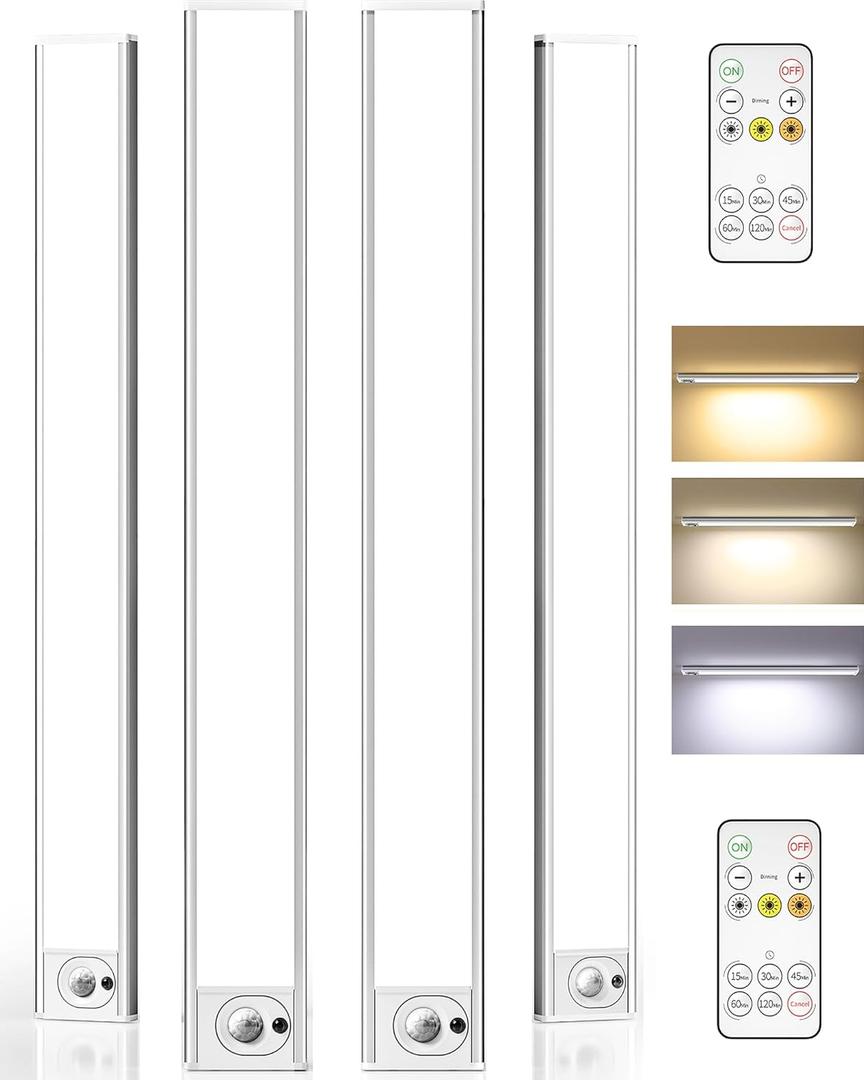 4Pack 16inch Under Cabinet Lighting, Rechargeable Motion Sensor Light Wireless Indoor, Dimmable 3 Color Temps Closet Lights, Under Counter LED Lights for Kitchen, Stairs